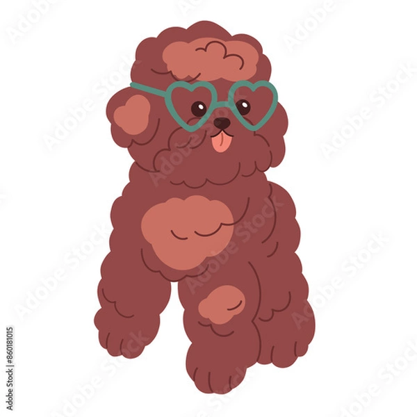 Fototapeta Cute funny Toy Poodle, little dog wearing heart glasses. Happy miniature doggy, amusing small puppy with tongue out. Pup with fluffy hair. Flat graphic illustration isolated on white background