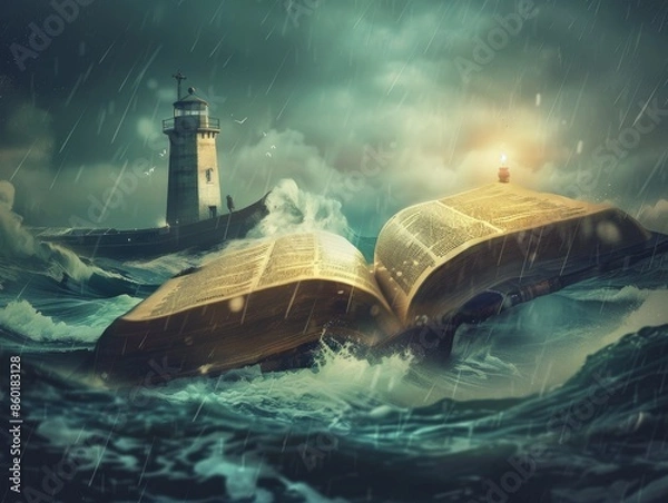 Fototapeta An open Bible revealing 1 Peter in steadfast reflectionmorning sunlight.