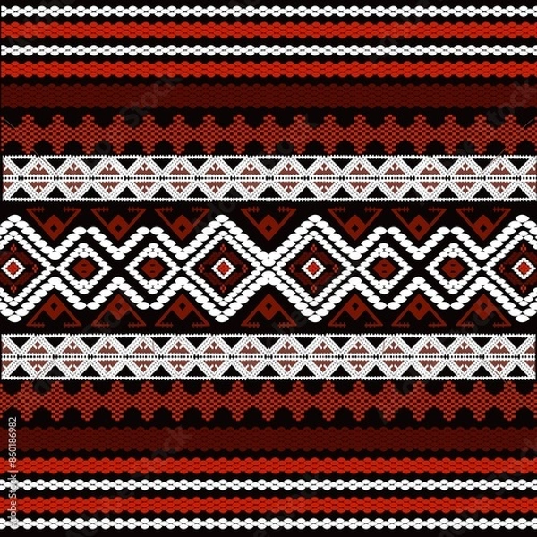 Obraz Arabian  ethnic tribal fabric patterns featuring intricate ikat work in striking red and white tones. designs provide  ethnic beauty and ethnic insights into the traditional art of weaving real fabric