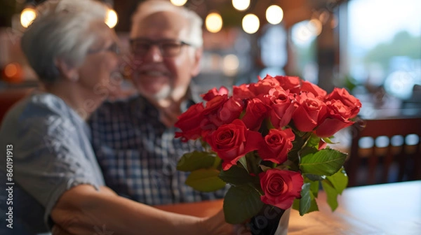 Obraz Surprise flowers and senior couple in celebration of an anniversary marriage or birthday at a restaurant Elderly man giving bouquet of roses to woman during dinner date for love at a c : Generative AI
