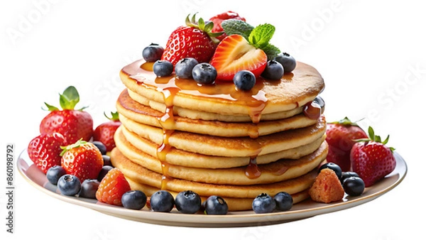 Fototapeta A tower of fluffy pancakes, drizzled with maple syrup and adorned with a medley of fresh fruit, evoking the joy of breakfast.

