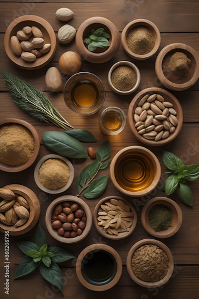 Fototapeta spices and herbs. Spa still life with essential oil. Herbs, spices an oil. Natural medicine. Generative AI	