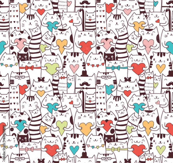 Fototapeta Сats with hearts seamless pattern