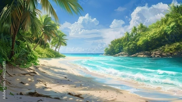 Fototapeta Pristine tropical beach with crystal clear water swaying palm trees and white sand Idyllic island paradise