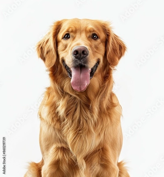 Fototapeta Golden Retriever Dog Sitting With Tongue Out and Happy Expression Against White Background