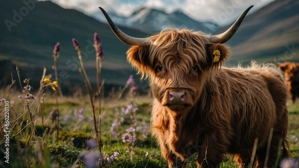 Obraz A young highland cow with a shaggy coat and long horns stands in a field of wildflowers, with majestic mountains and natural landscape in the background.