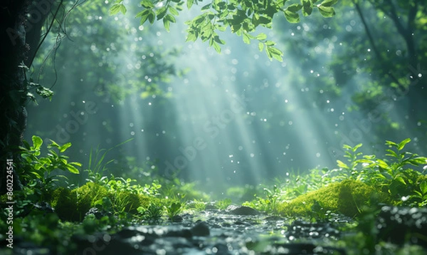Fototapeta Sunbeams Filter Through Lush Green Forest