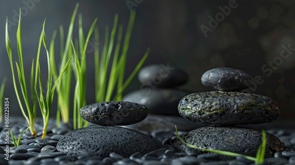 Fototapeta Tranquil still life setup with dark basalt stones arranged harmoniously alongside green bamboo sprouts AI generated