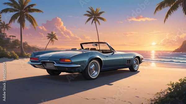 Fototapeta A sleek cartoon style convertible car parked by the beach, top down, with the ocean and sunset in the background. 