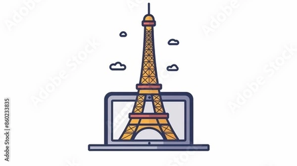 Fototapeta A cartoon drawing of the Eiffel Tower on a laptop screen