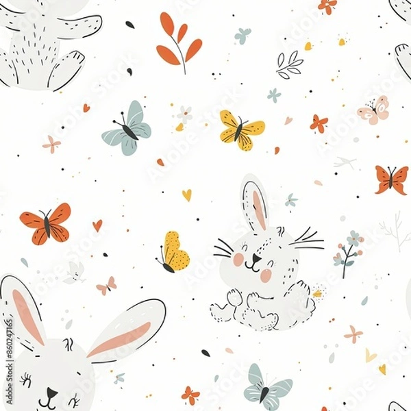 Obraz Cute Seamless Pattern with Doodle Cartoon Bunny Playing
