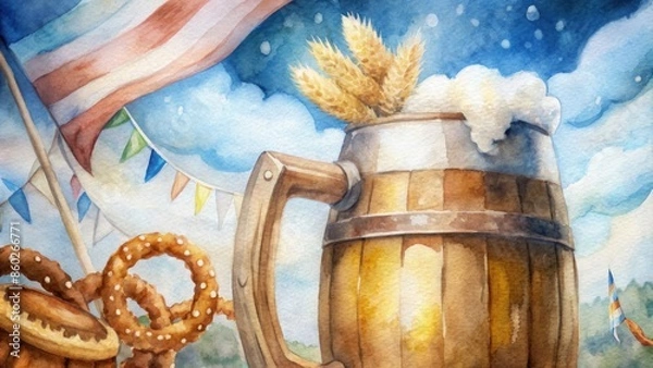Fototapeta Close-up of a wooden barrel with Oktoberfest decorations, including a beer mug, pretzels, and Bavarian flag elements