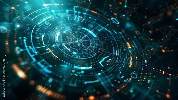 Fototapeta Futuristic Circular Interface: High-Tech Digital Background with Sea Green Color