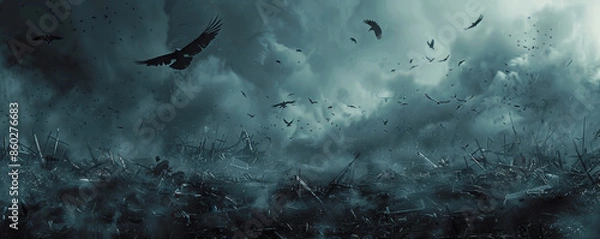 Obraz Dark Gothic fantasy background featuring a desolate battlefield with broken weapons and armor scattered across the ground. The sky is dark and ominous, with crows circling overhead.