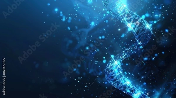 Fototapeta Abstract background featuring blue DNA structure with chromosomes and fluorescent forms on dark blue background. Concept of science, medicine, biotechnology, and genetic research.