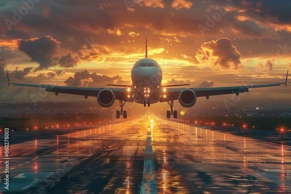 Fototapeta A commercial airplane landing on a runway during a dramatic sunset