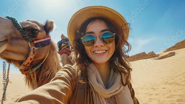 Fototapeta portrait of a woman taking a selfie with a camel
