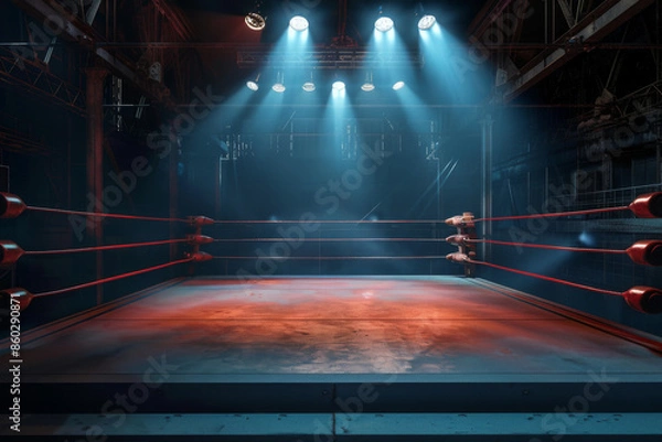Obraz A dramatic wrestling ring under vibrant spotlights, ready for a high-energy match, capturing the anticipation and intensity of the sport.