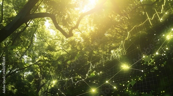 Fototapeta Financial Graph Overlaid on Thriving Green Forest, Eco-Friendly Theme