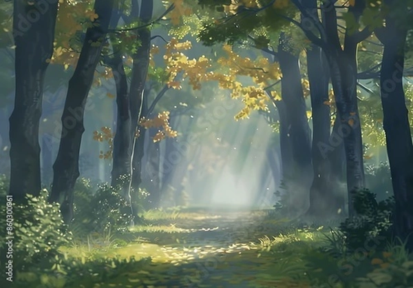 Fototapeta Misty Forest Path in Ethereal Light, Chinese Landscape Style
