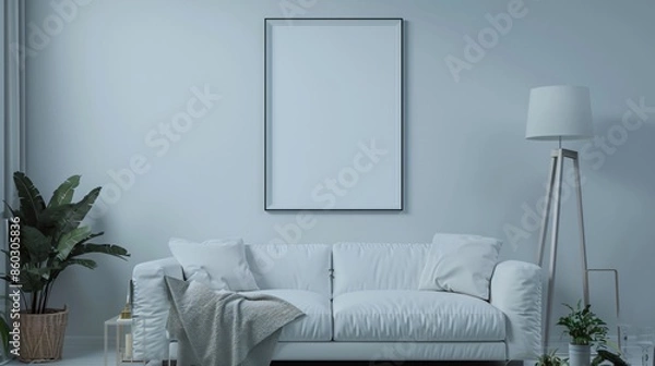 Fototapeta Minimalist Living Room with White Sofa and Blank Canvas