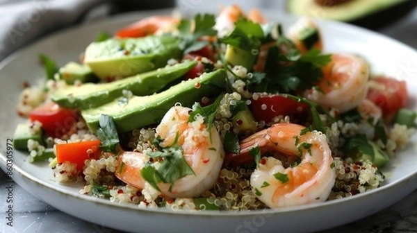 Fototapeta Hearty seafood salad with shrimp, quinoa, avocado, and fresh herbs, served on a white plate