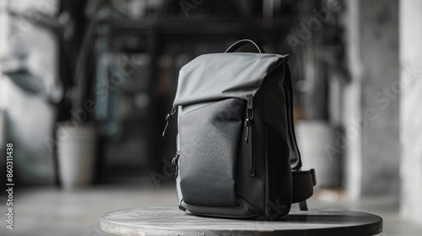 Obraz A sleek and modern backpack designed for urban commuters, featuring multiple compartments and a water-resistant exterior in a cool grey shade.