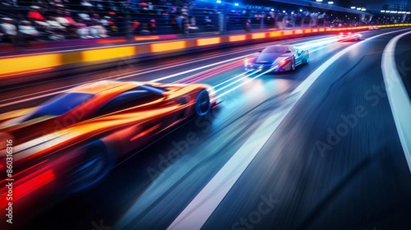 Fototapeta High-speed race cars blur through the track, leaving trails of vibrant lights, capturing the essence of thrilling speed and intense competition on a brightly lit race night.