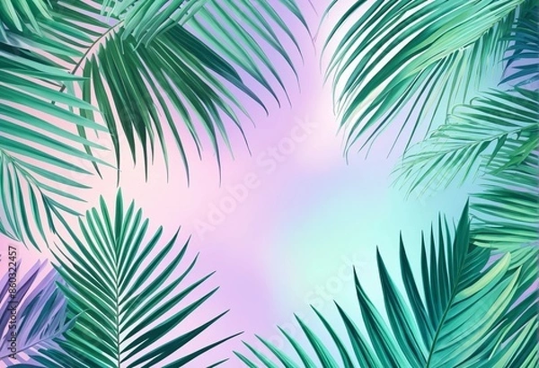 Fototapeta Dynamic tropical palm leaves on a soothing pastel background, adding a burst of color.