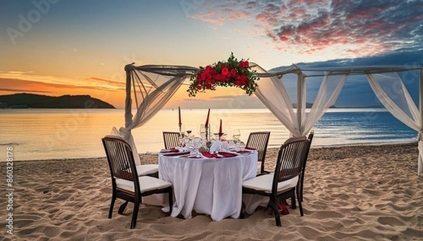Fototapeta A beach with a romantic setup for a dinner date.