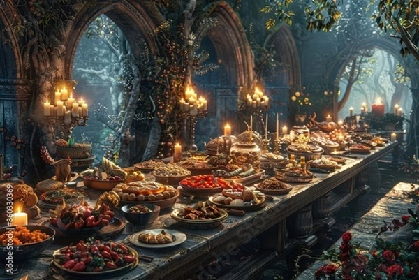 Fototapeta Epic medieval feast in an enchanted forest