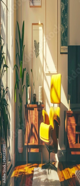 Fototapeta A beautifully lit living room showcasing a mid-century modern armchair bathed in natural sunlight with a warm, inviting ambiance.
