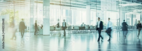 Obraz A blurred image of business people walking through a modern office lobby with large windows. The image is taken from a low angle, showcasing the bright, open space