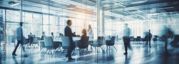 Obraz A modern office building with glass walls and windows, showcasing blurred silhouettes of business people walking through the space