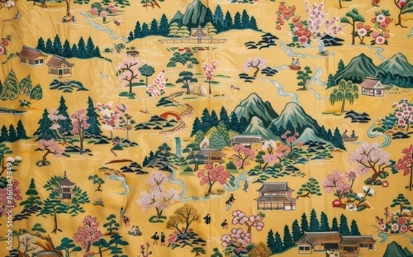 Fototapeta A yellow and pink embroidered piece of cloth with a mountain range and houses, Serene Village, Traditional Asian landscape with houses and trees on yellow, Peaceful Scenery
