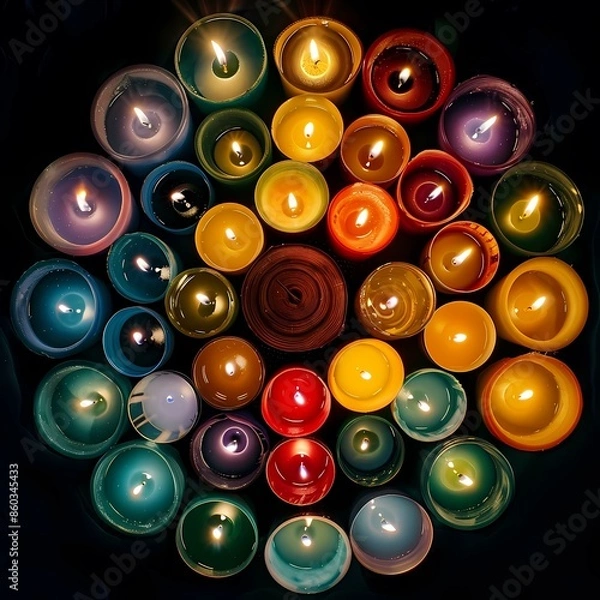 Fototapeta A top-down view of a colorful arrangement of lit candles forming a circular pattern.