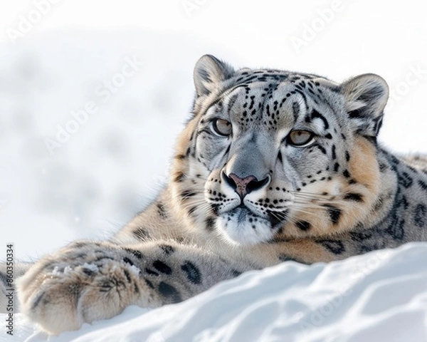 Fototapeta Snow leopard in snowy mountains, cold, clear day, medium closeup, focused on animal, eyelevel view, pristine white background