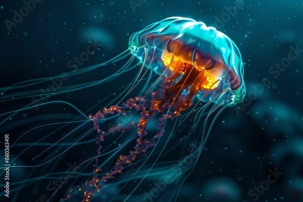 Fototapeta Jellyfish with bioluminescent tentacles drifting in a dark ocean, symbolizing the fluid and glowing nature of creativity. 
