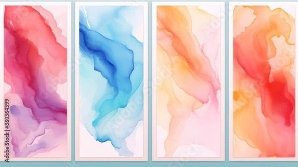 Fototapeta Four watercolor paintings with abstract ink splash designs in pink, blue, and orange