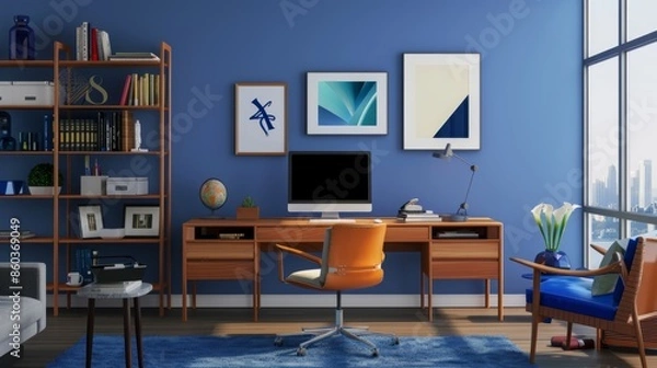 Fototapeta 285. Home office with a desk, computer, and shelves