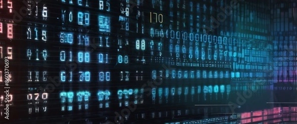 Fototapeta An abstract digital background with binary code and AI algorithms running in the background