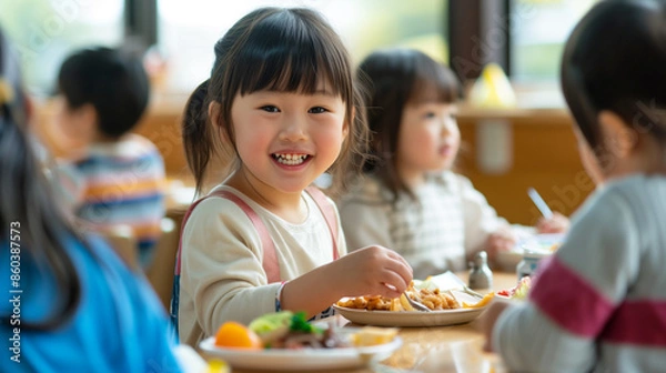 Obraz 食堂で食事をとっている楽しそうな様子の日本人の子ども