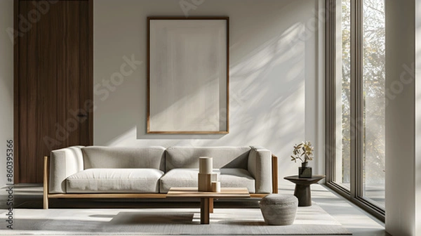 Fototapeta Frame Mockup in Vintage Farmhouse: A farmhouse-style living room with a distressed wooden frame holding an ISO A2 poster. Rustic furniture and vintage decor elements fill the space.