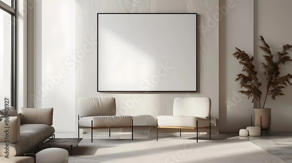Fototapeta Frame Mockup in Vintage Farmhouse: A farmhouse-style living room with a distressed wooden frame holding an ISO A2 poster. Rustic furniture and vintage decor elements fill the space.