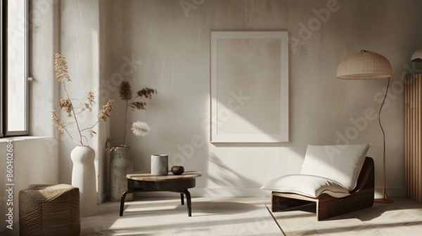 Fototapeta Frame Mockup in Vintage Farmhouse: A farmhouse-style living room with a distressed wooden frame holding an ISO A2 poster. Rustic furniture and vintage decor elements fill the space.