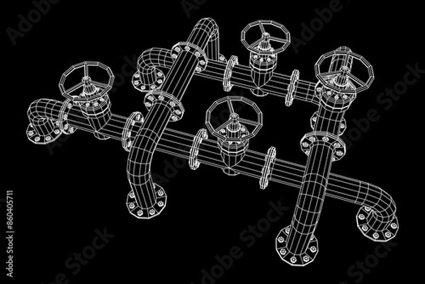 Fototapeta Oil pipeline with valve. Petrol production. Petroleum fuel industry transportation line. Wireframe low poly mesh vector illustration