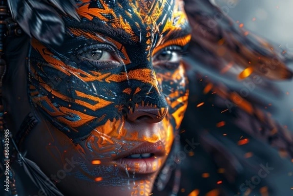 Obraz Close Up of Woman With Abstract Face Paint and Sparks