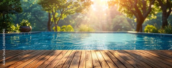 Fototapeta Serene pool with wooden deck surrounded by lush greenery and soft sunlight, creating a peaceful atmosphere in the summertime.
