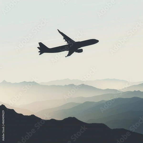 Fototapeta A minimalist silhouette of an airplane in flight against a backdrop of layered mountains. Generative AI