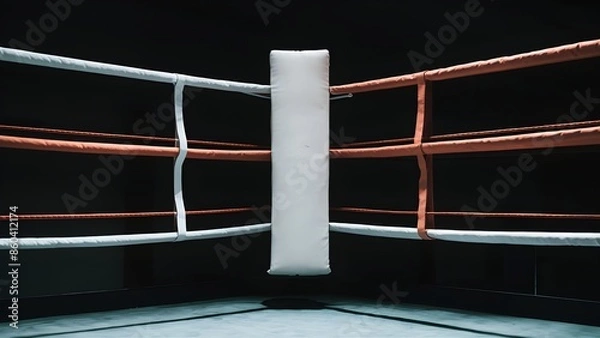 Fototapeta Corner of an empty sports boxing ring for fights and competitions, with boundary red and white ropes, in dimmed light, a darkened room for combat sports. 